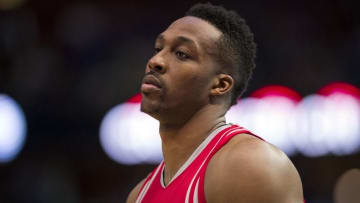 Apr 6, 2016; Dallas, TX, USA; Houston Rockets center Dwight Howard (12) waits for play to resume against the Dallas Mavericks during the second half at the American Airlines Center. The Mavericks defeat the Rockets 88-86. Mandatory Credit: Jerome Miron-USA TODAY Sports