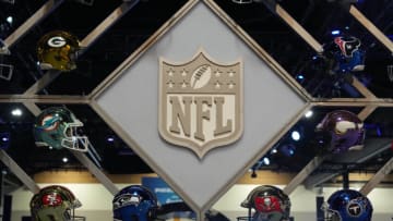 Feb 7, 2023; Phoenix, AZ, USA; A NFL shield logo at the Super Bowl LVII Experience at the Phoenix Convention Center. Mandatory Credit: Kirby Lee-USA TODAY Sports
