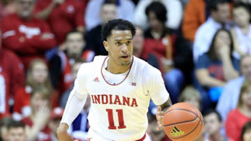 BLOOMINGTON, IN - DECEMBER 22: Devonte Green #11 of the Indiana Hoosiers dribbles the ball against the Jacksonville Dolphins at Assembly Hall on December 22, 2018 in Bloomington, Indiana. (Photo by Andy Lyons/Getty Images)