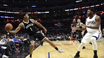 Nov 14, 2016; Los Angeles, CA, USA; Brooklyn Nets forward Chris McCullough (1) saves the ball from going out of bounds against the Los Angeles Clippers in the second half of a NBA basketball game at Staples Center. Mandatory Credit: Richard Mackson-USA TODAY Sports