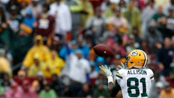 LANDOVER, MD - SEPTEMBER 23: Geronimo Allison #81 of the Green Bay Packers catches a touchdown pass in the second quarter against the Washington Redskins at FedExField on September 23, 2018 in Landover, Maryland. (Photo by Todd Olszewski/Getty Images)