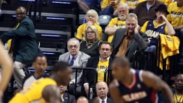 Apr 19, 2014; Indianapolis, IN, USA; (From left to right) Indiana Pacers general manager Donnie Walsh, owner Herb Simon, and president Larry Bird watch the Indiana Pacers play against the Atlanta Hawks in game one during the first round of the 2014 NBA Playoffs at Bankers Life Fieldhouse. Atlanta defeats Indiana 101-93. Mandatory Credit: Brian Spurlock-USA TODAY Sports