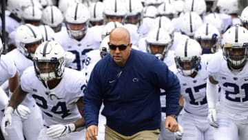 PISCATAWAY, NJ - NOVEMBER 17: Head coach James Franklin of the Penn State Nittany Lions runs onto the field with his team before taking on the Rutgers Scarlet Knights at HighPoint.com Stadium on November 17, 2018 in Piscataway, New Jersey. (Photo by Corey Perrine/Getty Images)