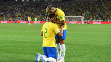 TOPSHOT - Brazil's defender Thiago Silva (L) is congratulated for his goal by Brazil's forward Neymar during the Russia 2018 World Cup Group E football match between Serbia and Brazil at the Spartak Stadium in Moscow on June 27, 2018. (Photo by Kirill KUDRYAVTSEV / AFP) / RESTRICTED TO EDITORIAL USE - NO MOBILE PUSH ALERTS/DOWNLOADS (Photo credit should read KIRILL KUDRYAVTSEV/AFP via Getty Images)
