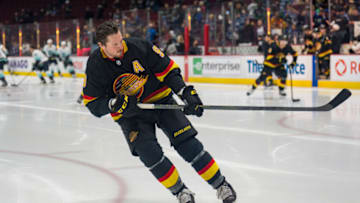 Apr 26, 2022; Vancouver, British Columbia, CAN; Vancouver Canucks forward J.T. Miller (9) skates during warm up prior to a game against the Seattle Kraken at Rogers Arena. Mandatory Credit: Bob Frid-USA TODAY Sports