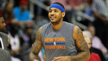 Dec 26, 2015; Atlanta, GA, USA; New York Knicks forward Carmelo Anthony (7) prepares for a game against the Atlanta Hawks at Philips Arena. Mandatory Credit: Brett Davis-USA TODAY Sports