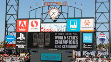 SAN FRANCISCO, CA - APRIL 18: General view of the scoreboard during the San Francisco Giants 2014 World Series Ring ceremony before the game against the Arizona Diamondbacks at AT&T Park on April 18, 2015 in San Francisco, California. (Photo by Jason O. Watson/Getty Images)