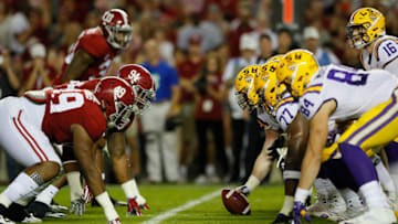 TUSCALOOSA, AL - NOVEMBER 04: The LSU Tigers offense faces the Alabama Crimson Tide defense at Bryant-Denny Stadium on November 4, 2017 in Tuscaloosa, Alabama. (Photo by Kevin C. Cox/Getty Images)