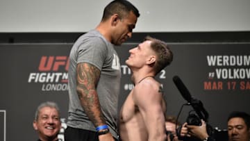 LONDON, ENGLAND - MARCH 16: (L-R) Fabricio Werdum of Brazil and Alexander Volkov of Russia face off during the UFC Fight Night weigh-in inside The O2 Arena on March 16, 2018 in London, England. (Photo by Brandon Magnus/Zuffa LLC/Zuffa LLC via Getty Images)
