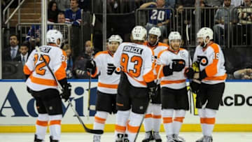 Apr 27, 2014; New York, NY, USA; Philadelphia Flyers center Claude Giroux (28) celebrates his goal in the 3rd period of game five of the first round of the 2014 Stanley Cup Playoffs at Madison Square Garden. The Rangers won the game 4-2 and lead the series 3-2. Mandatory Credit: John Geliebter-USA TODAY Sports