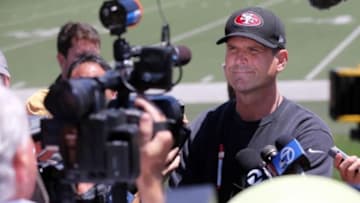Jun 17, 2014; San Francisco, CA, USA; San Francisco 49ers head coach Jim Harbaugh speaks to the media during minicamp at the 49ers practice facility. Mandatory Credit: Kelley L Cox-USA TODAY Sports