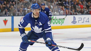TORONTO, ON - OCTOBER 29: John Tavares #91 of the Toronto Maple Leafs skates against the Calgary Flames during an NHL game at Scotiabank Arena on October 29, 2018 in Toronto, Ontario, Canada. The Flames defeated the Maple Leafs 3-1. (Photo by Claus Andersen/Getty Images)