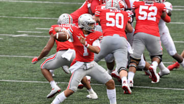 COLUMBUS, OH - NOVEMBER 21: Quarterback Justin Fields #1 of the Ohio State Buckeyes passes against the Indiana Hoosiers at Ohio Stadium on November 21, 2020 in Columbus, Ohio. (Photo by Jamie Sabau/Getty Images)