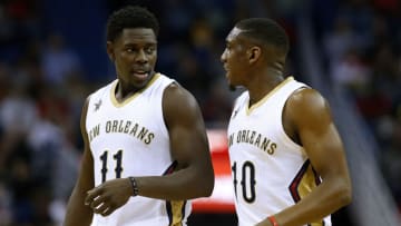 Jrue Holiday #11 of the New Orleans Pelicans talks to Langston Galloway (Photo by Jonathan Bachman/Getty Images)