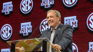 Jul 17, 2023; Nashville, TN, USA; Texas A&M Aggies head coach Jimbo Fisher speaks with the media during SEC Media Days at Grand Hyatt. Mandatory Credit: Steve Roberts-USA TODAY Sports