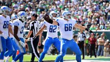 PHILADELPHIA, PENNSYLVANIA - SEPTEMBER 22: Joe Dahl #66 of the Detroit Lions celebrates a touchdown during the second quarter of their game against the Philadelphia Eagles at Lincoln Financial Field on September 22, 2019 in Philadelphia, Pennsylvania. (Photo by Emilee Chinn/Getty Images)