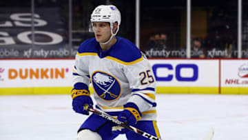Apr 11, 2021; Philadelphia, Pennsylvania, USA; Buffalo Sabres center Arttu Ruotsalainen (25) skates through the offensive zone in the third period against the Philadelphia Flyers at Wells Fargo Center. Mandatory Credit: Kyle Ross-USA TODAY Sports