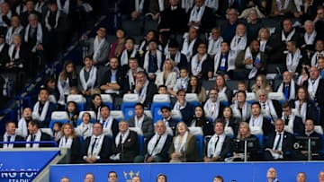 LEICESTER, ENGLAND - OCTOBER 19: Chairman of Leicester City Aiyawatt Srivaddhanaprabha (front right) looks on during the Premier League match between Leicester City and Burnley FC at The King Power Stadium on October 19, 2019 in Leicester, United Kingdom. (Photo by Stephen Pond/Getty Images)
