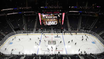 LAS VEGAS, NV - SEPTEMBER 28: A general view of the ice as the Colorado Avalanche and Vegas Golden Knights warm up before a preseason game at T-Mobile Arena on September 28, 2017 in Las Vegas, Nevada. Colorado won 4-2. (Photo by David Becker/NHLI via Getty Images)