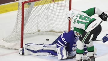 TORONTO, ON- JUNE 3 - Toronto Marlies goaltender Garret Sparks (40) is beat as Texas Stars left wing Curtis McKenzie (16) scores on breakaway as the Toronto Marlies lose 2-1 to the Texas Stars in game two of the AHL Calder Cup Finals at Ricoh Coliseum in Toronto. June 3, 2018. The series is tied at a game a piece. (Steve Russell/Toronto Star via Getty Images)