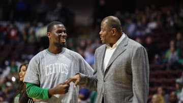 Oct 8, 2016; Uncasville, CT, USA; Boston Celtics forward Ben Bentil and Charlotte Hornets associate head coach Patrick Ewing prior to the start of the preseason game at Mohegan Sun Arena. Mandatory Credit: Wendell Cruz-USA TODAY Sports