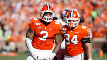 CLEMSON, SC - SEPTEMBER 07: Xavier Thomas #3 of the Clemson Tigers reacts after a sack during a game against the Texas A&M Aggies at Memorial Stadium on September 7, 2019 in Clemson, South Carolina. Clemson defeated Texas A&M 24-10. (Photo by Joe Robbins/Getty Images)