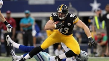 Dec 16, 2012; Arlington, TX, USA; Pittsburgh Steelers tight end Heath Miller (83) is tackled after a catch during the first half against the Dallas Cowboys at Cowboys Stadium. Mandatory Credit: Tim Heitman-USA TODAY Sports