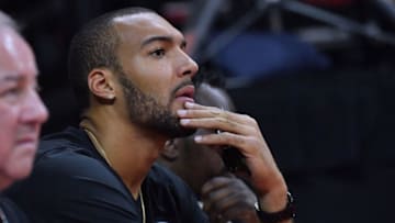 LAS VEGAS, NV - JULY 10: Rudy Gobert #27 of the Utah Jazz looks on during a game between the the Miami Heat and the Utah Jazz during the 2018 NBA Summer League at the Thomas & Mack Center on July 10, 2018 in Las Vegas, Nevada. (Photo by Sam Wasson/Getty Images)