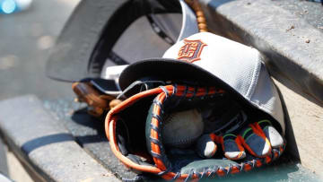 Mar 29, 2015; Clearwater, FL, USA; A general view of a Detroit Tigers hats, gloves and sunglasses in the dugout against the Philadelphia Phillies at Bright House Field. Mandatory Credit: Kim Klement-USA TODAY Sports