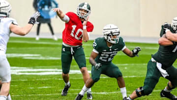 Michigan State's Payton Thorne throws a pass during the spring football game on Saturday, April 24, 2021, at Spartan Stadium in East Lansing.210424 Msu Spring Game 180a