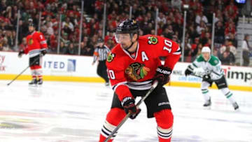Jan 4, 2015; Chicago, IL, USA; Chicago Blackhawks left wing Patrick Sharp (10) with the puck during the first period against the Dallas Stars at the United Center. Mandatory Credit: Dennis Wierzbicki-USA TODAY Sports