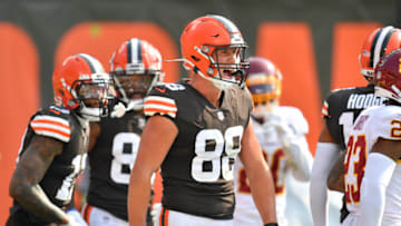 CLEVELAND, OHIO - SEPTEMBER 27: Tight end Harrison Bryant #88 of the Cleveland Browns celebrates after catching a touchdown pass during the fourth quarter against the Washington Football Team at FirstEnergy Stadium on September 27, 2020 in Cleveland, Ohio. The Browns defeated the Washington Football Team 34-20. (Photo by Jason Miller/Getty Images)