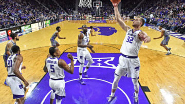 MANHATTAN, KS - DECEMBER 15: Dean Wade #32 of the Kansas State Wildcats grabs a defensive rebound during the second half against the Georgia State Panthers on December 15, 2018 at Bramlage Coliseum in Manhattan, Kansas. (Photo by Peter Aiken/Getty Images)