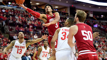 COLUMBUS, OHIO - FEBRUARY 01: Justin Smith #3 of the Indiana Hoosiers goes in for a layup during the first half of their game against the Ohio State Buckeyes at Value City Arena on February 01, 2020 in Columbus, Ohio. (Photo by Emilee Chinn/Getty Images)