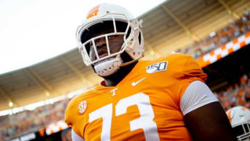 Tennessee offensive lineman Trey Smith (73) takes the field ahead of a game between Tennessee and BYU at Neyland Stadium in Knoxville, Tennessee on Saturday, September 7, 2019.Utbyu0907