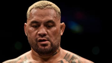 MOSCOW, RUSSIA - SEPTEMBER 15: Mark Hunt of New Zealand reacts after being submitted by Aleksei Oleinik of Russia in their heavyweight bout during the UFC Fight Night event at Olimpiysky Arena on September 15, 2018 in Moscow, Russia. (Photo by Jeff Bottari/Zuffa LLC/Zuffa LLC via Getty Images)