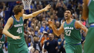 Nov 20, 2015; Dallas, TX, USA; Dallas Mavericks center Zaza Pachulia (27) celebrates with forward Dirk Nowitzki (41) after scoring during the first half against the Utah Jazz at American Airlines Center. Mandatory Credit: Kevin Jairaj-USA TODAY Sports