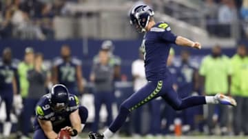 Nov 1, 2015; Arlington, TX, USA; Seattle Seahawks kicker Steven Hauschka (4) kicks during the game against the Dallas Cowboys at AT&T Stadium. Mandatory Credit: Kevin Jairaj-USA TODAY Sports
