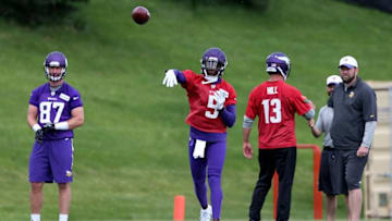 Jun 15, 2016; Minneapolis, MN, USA; Minnesota Vikings quarterback Teddy Bridgewater (5) throws during mini camp. Mandatory Credit: Brad Rempel-USA TODAY Sports