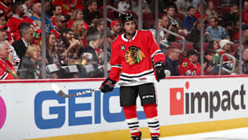 CHICAGO, IL - NOVEMBER 14: Nick Schmaltz #8 of the Chicago Blackhawks looks across the ice in the second period against the St. Louis Blues at the United Center on November 14, 2018 in Chicago, Illinois. The Chicago Blackhawks defeated the St. Louis Blues 1-0. (Photo by Chase Agnello-Dean/NHLI via Getty Images)