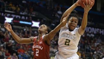 Mar 6, 2016; Oklahoma City, OK, USA; Baylor Bears guard Niya Johnson (2) and Oklahoma Sooners guard T