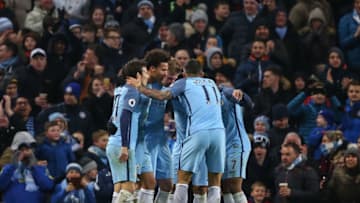 MANCHESTER, ENGLAND - JANUARY 21: Kevin De Bruyne of Manchester City celebrates after scoring a goal to make it 2-0 during the Premier League match between Manchester City and Tottenham Hotspur at Etihad Stadium on January 21, 2017 in Manchester, England. (Photo by Robbie Jay Barratt - AMA/Getty Images)
