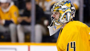 Juuse Saros #74 of the Nashville Predators tends net against the Montreal Canadiens during the second period at Bridgestone Arena on January 3, 2023 in Nashville, Tennessee. (Photo by Brett Carlsen/Getty Images)