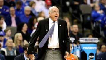 OMAHA, NE - MARCH 23: Head coach Jim Boeheim of the Syracuse Orange reacts against the Duke Blue Devils during the first half in the 2018 NCAA Men's Basketball Tournament Midwest Regional at CenturyLink Center on March 23, 2018 in Omaha, Nebraska. (Photo by Streeter Lecka/Getty Images)