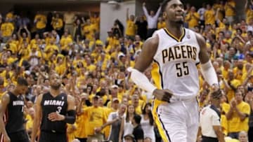May 28, 2014; Indianapolis, IN, USA; Indiana Pacers center Roy Hibbert (55) reacts after game five against the Miami Heat of the Eastern Conference Finals of the 2014 NBA Playoffs at Bankers Life Fieldhouse. Indiana defeats Miami 93-90. Mandatory Credit: Brian Spurlock-USA TODAY Sports