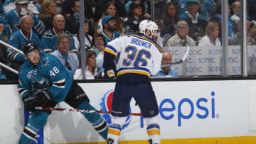 SAN JOSE, CA - MAY 25: Tomas Hertl #48 of the San Jose Sharks skates against Troy Brouwer #36 of the St. Louis Blues in Game Six of the Western Conference Finals during the 2016 NHL Stanley Cup Playoffs at SAP Center on May 25, 2016 in San Jose, California. (Photo by Rocky W. Widner/NHL/Getty Images)