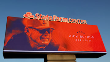 CHAMPAIGN, ILLINOIS - OCTOBER 06: A detail of a signage recognizing former Illinois Fighting Illini and Chicago Bears legend Dick Butkus, who passed away on October 5th, prior to the game between the Illinois Fighting Illini and the Nebraska Cornhuskers at Memorial Stadium on October 06, 2023 in Champaign, Illinois. (Photo by Michael Reaves/Getty Images)