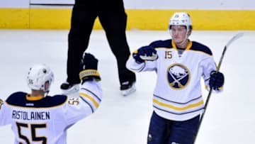 Jan 18, 2016; Glendale, AZ, USA; Buffalo Sabres center Jack Eichel (15) celebrates with defenseman Rasmus Ristolainen (55) after scoring a power play goal in the second period against the Arizona Coyotes at Gila River Arena. Mandatory Credit: Matt Kartozian-USA TODAY Sports