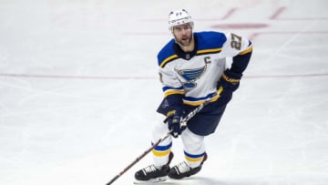 NASHVILLE, TN - NOVEMBER 21: Alex Pietrangelo #27 of the St. Louis Blues skates against the Nashville Predators during a NHL game at Bridgestone Arena on November 21, 2018 in Nashville, Tennessee. (Photo by Ronald C. Modra/NHL/Getty Images)