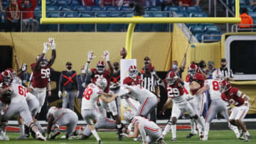 Jan. 11, 2021; Miami Gardens, Florida, USA; Ohio State Buckeyes place kicker Jake Seibert (98) kicks a 23-yard field goal during the second quarter of the College Football Playoff National Championship against the Alabama Crimson Tide at Hard Rock Stadium in Miami Gardens, Fla. Mandatory Credit: Kyle Robertson-USA TODAY Sports